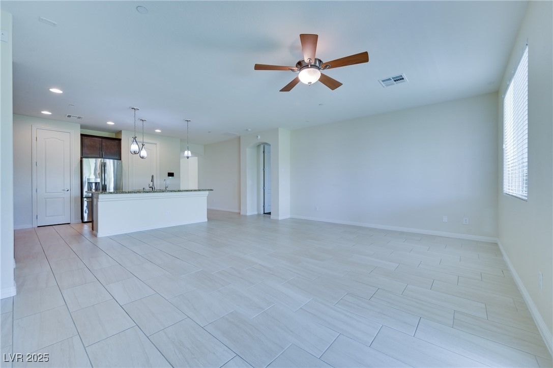 Empty room, Interior, Kitchen, Pendant Lights, Recessed Lighting, Stainless Steel Appliances