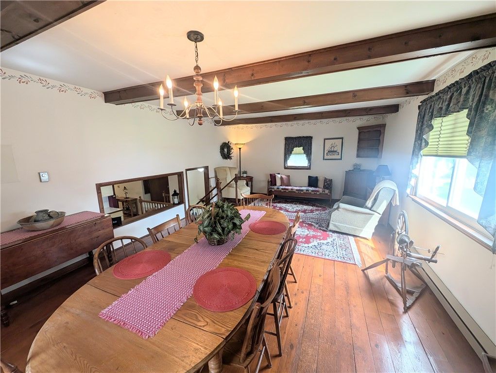 Chandelier, Dining room, Interior, Living room, Wooden Beams, Wood Texture Flooring
