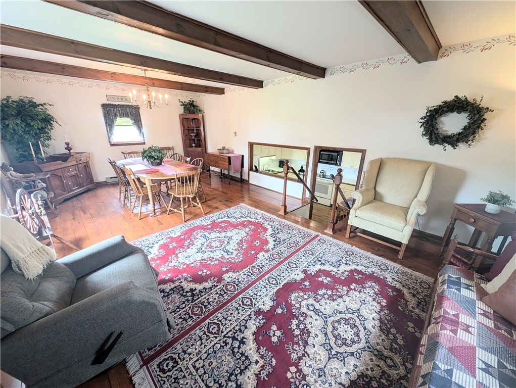 Dining room, Interior, Pendant Lights, Wooden Beams, Wood Texture Flooring