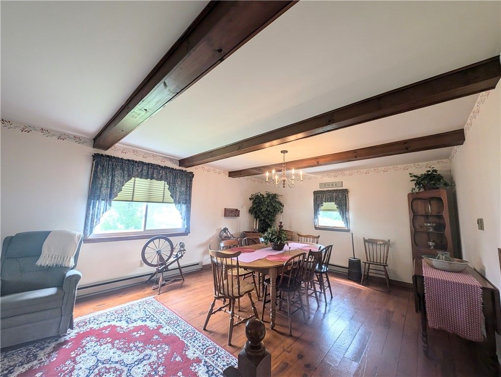 Chandelier, Dining room, Interior, Wooden Beams, Wood Texture Flooring