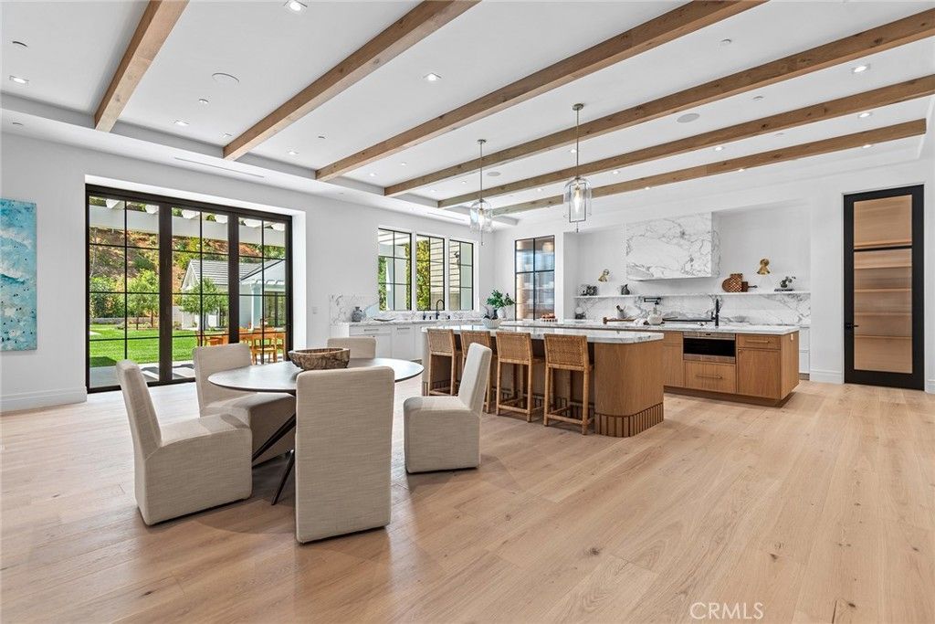 Dining room, Interior, Kitchen, Marble Walls, Pendant Lights, Recessed Lighting, Wooden Beams, Wood Texture Flooring