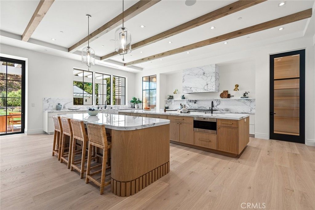 Interior, Kitchen, Marble Walls, Pendant Lights, Recessed Lighting, Wooden Beams, Wood Texture Flooring
