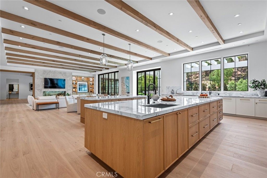 Fireplace, Interior, Kitchen, Living room, Pendant Lights, Recessed Lighting, Wooden Beams, Wood Texture Flooring