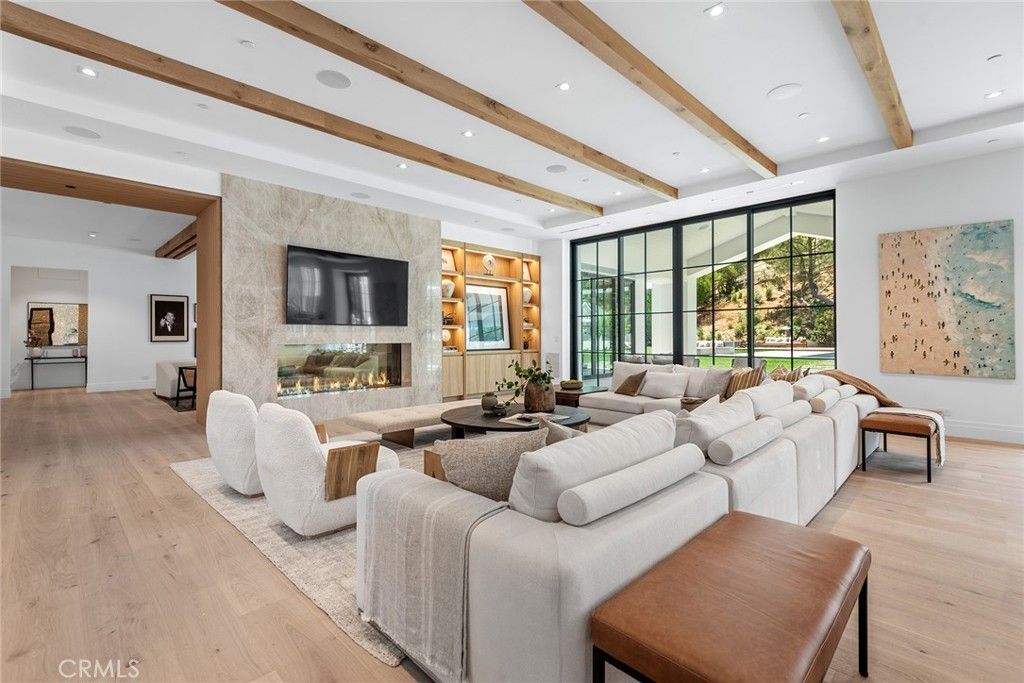 Fireplace, Interior, Living room, Recessed Lighting, Wooden Beams, Wood Texture Flooring