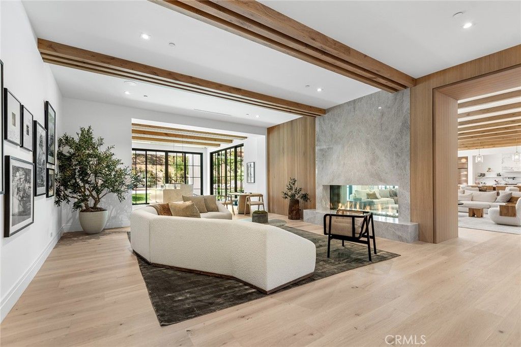 Fireplace, Interior, Living room, Pendant Lights, Recessed Lighting, Wooden Beams, Wood Texture Flooring