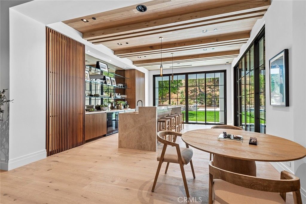 Dining room, Interior, Recessed Lighting, Wooden Beams, Wooden Ceilings, Wood Texture Flooring