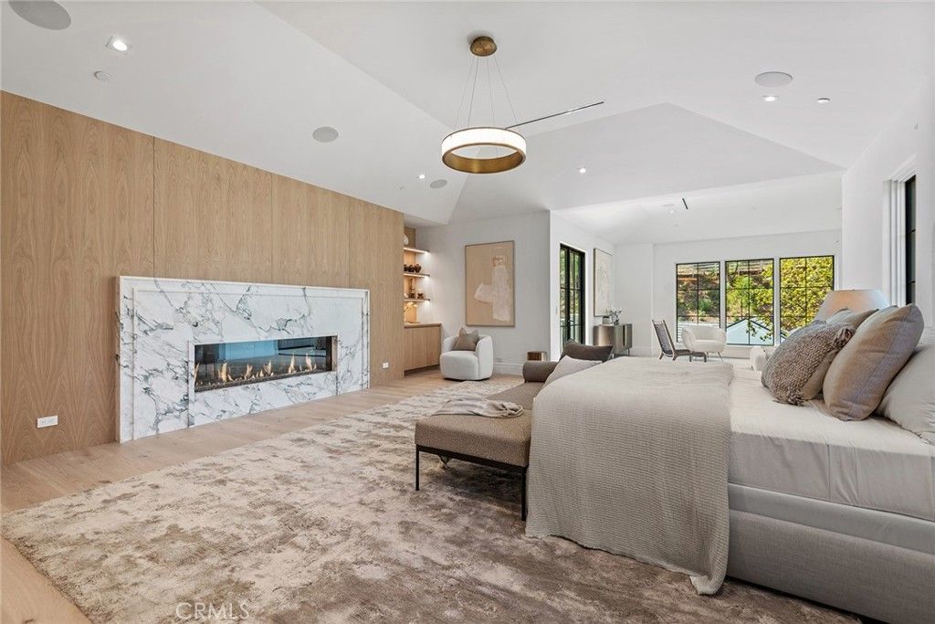 Bedroom, Fireplace, Interior, Pendant Lights, Recessed Lighting, Wood Texture Flooring, Wooden Walls