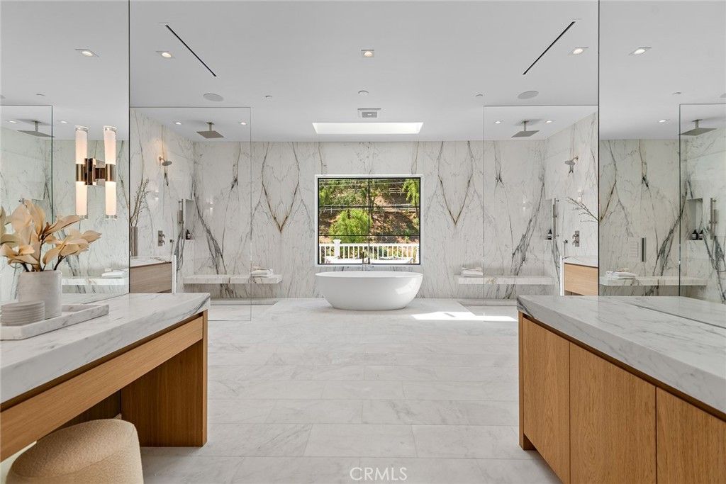 Bathroom, Dual Sink Vanities, Free Standing Baths, Glass Shower, Interior, Marble, Marble Walls, Recessed Lighting