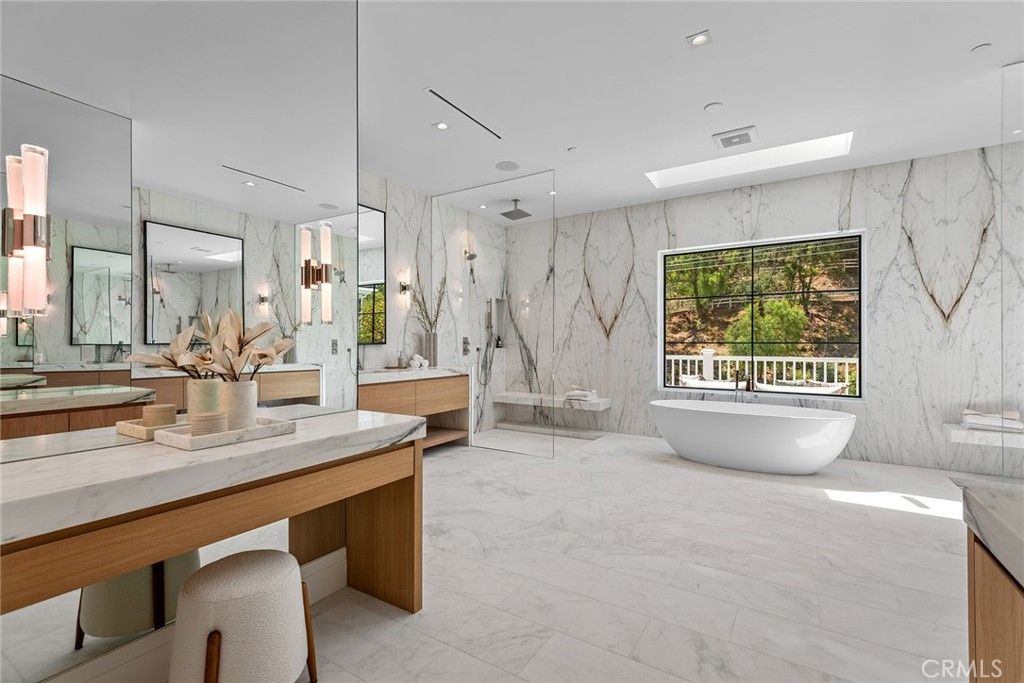 Bathroom, Dual Sink Vanities, Free Standing Baths, Interior, Marble, Marble Walls, Recessed Lighting