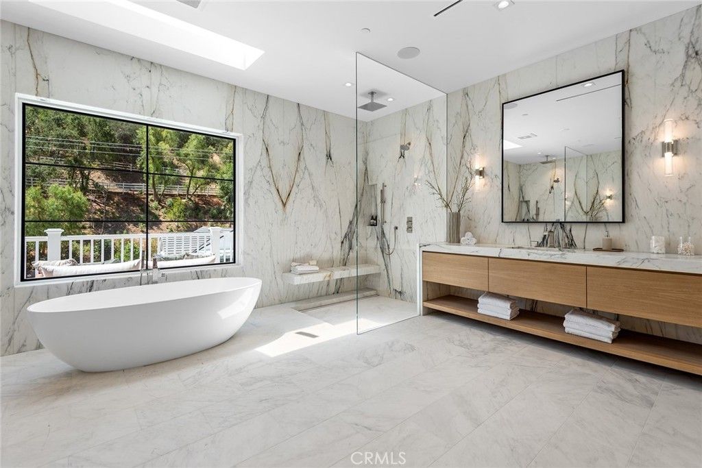 Bathroom, Dual Sink Vanities, Free Standing Baths, Glass Shower, Interior, Marble, Marble Walls, Recessed Lighting
