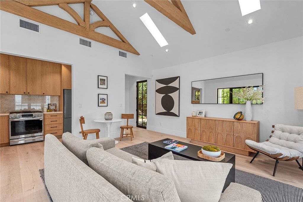 Interior, Kitchen, Living room, Recessed Lighting, Stainless Steel Appliances, Wooden Beams, Wood Texture Flooring