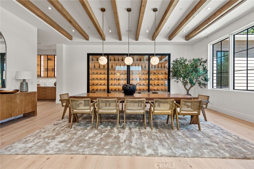 Dining room, Interior, Pendant Lights, Recessed Lighting, Wooden Beams, Wood Texture Flooring