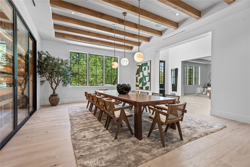 Dining room, Interior, Pendant Lights, Recessed Lighting, Wooden Beams, Wood Texture Flooring