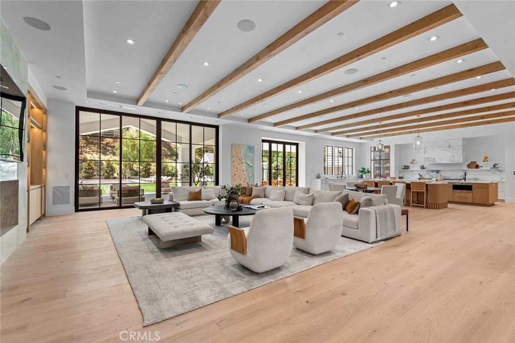 Interior, Kitchen, Living room, Marble Walls, Pendant Lights, Recessed Lighting, Wooden Beams, Wood Texture Flooring