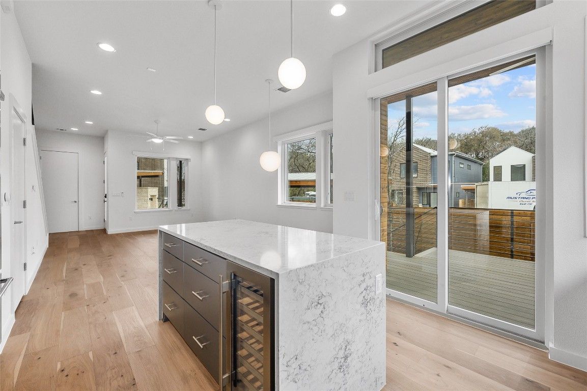 Interior, Kitchen, Pendant Lights, Recessed Lighting, Wood Texture Flooring