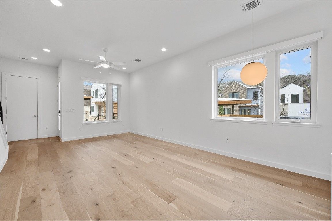 Empty room, Interior, Pendant Lights, Recessed Lighting, Wood Texture Flooring