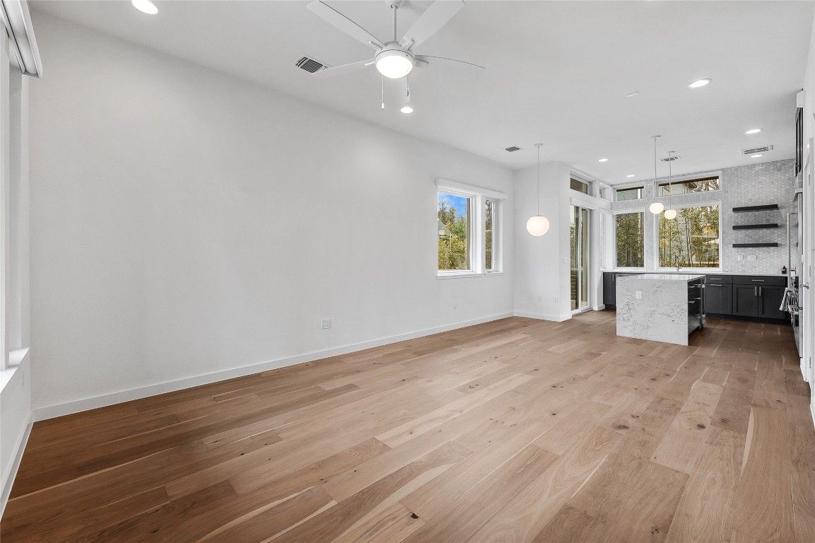 Empty room, Interior, Kitchen, Pendant Lights, Recessed Lighting, Wood Texture Flooring