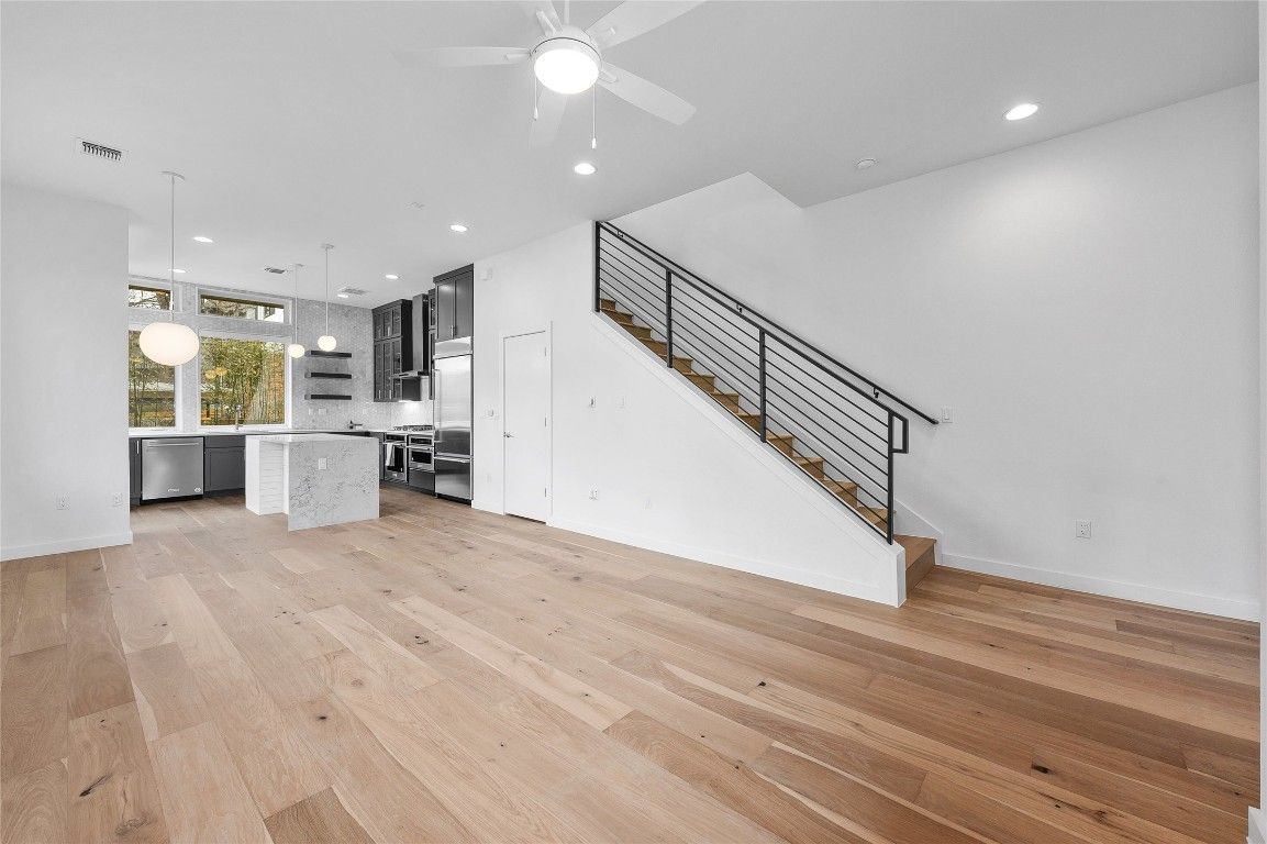 Interior, Kitchen, Pendant Lights, Recessed Lighting, Stainless Steel Appliances, Wood Texture Flooring