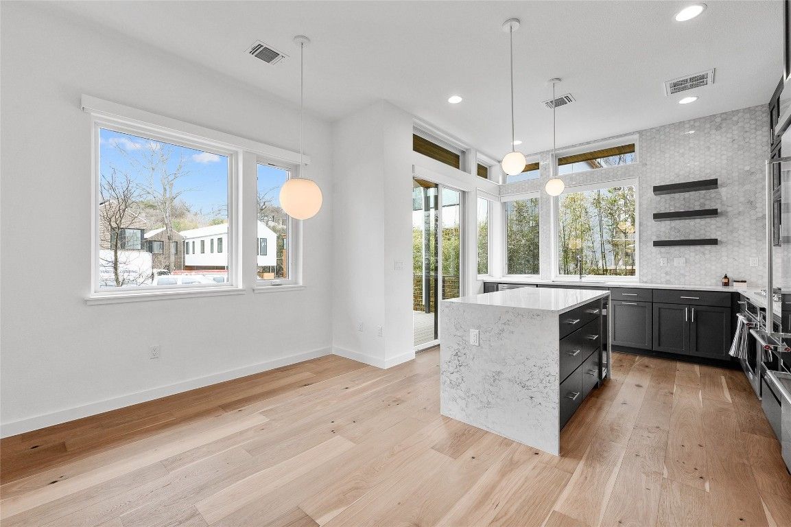 Interior, Kitchen, Pendant Lights, Recessed Lighting, Wood Texture Flooring