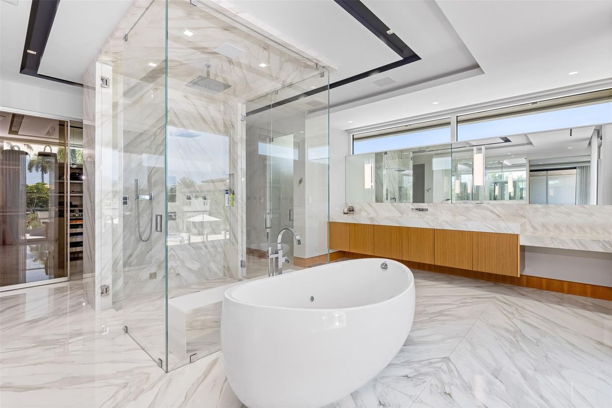 Bathroom, Free Standing Baths, Glass Shower, Interior, Marble, Marble Walls, Recessed Lighting