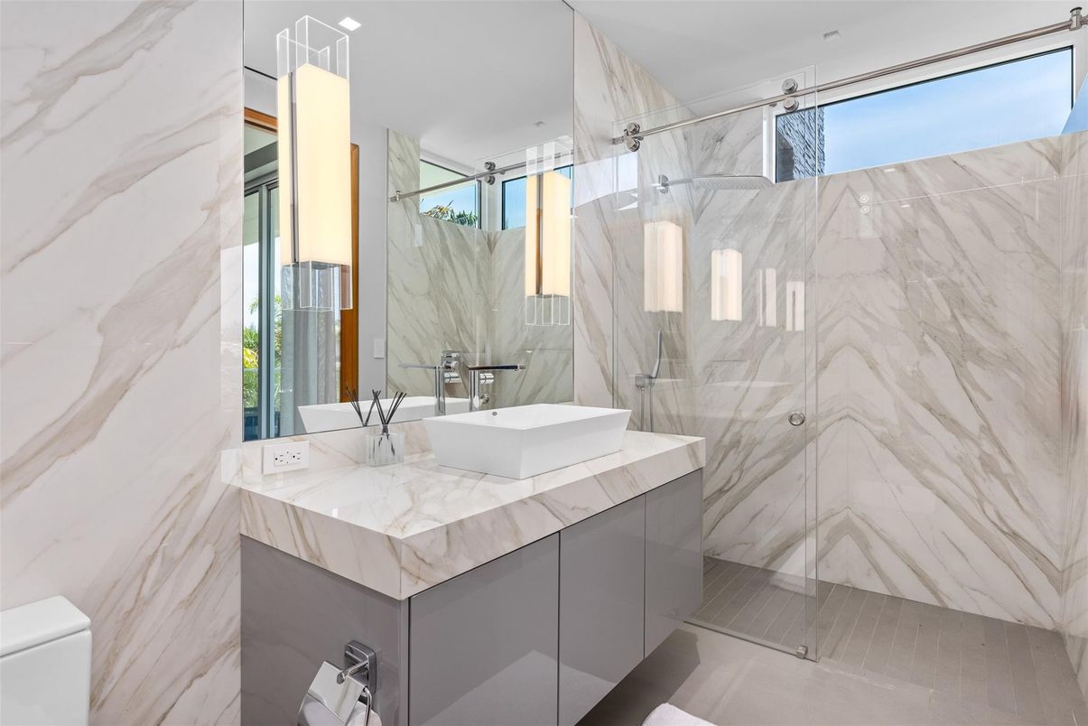 Bathroom, Glass Shower, Interior, Marble Walls, Pendant Lights