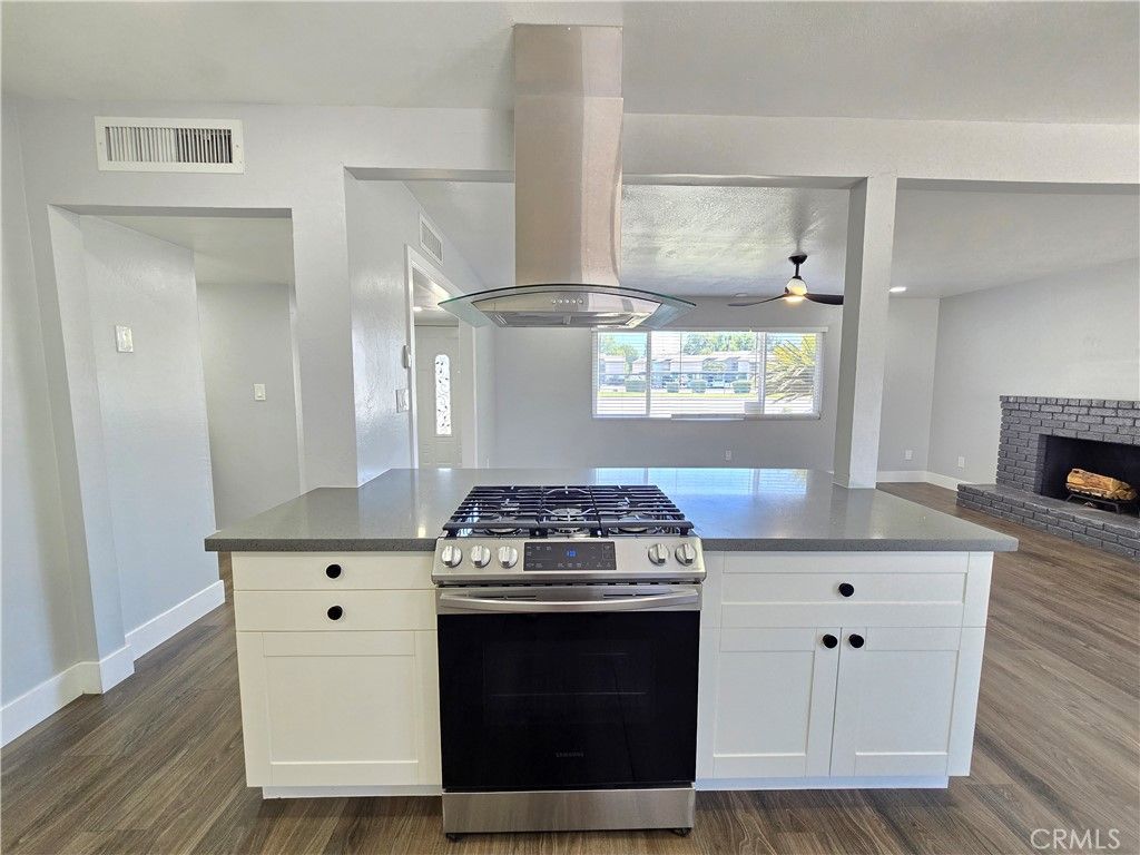 Fireplace, Interior, Kitchen, Stainless Steel Appliances, Wood Texture Flooring