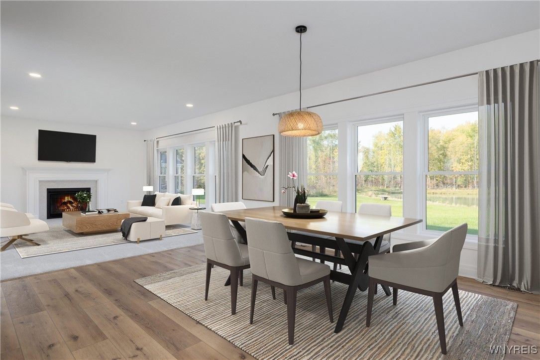 Dining room, Fireplace, Interior, Living room, Pendant Lights, Recessed Lighting, Wood Texture Flooring