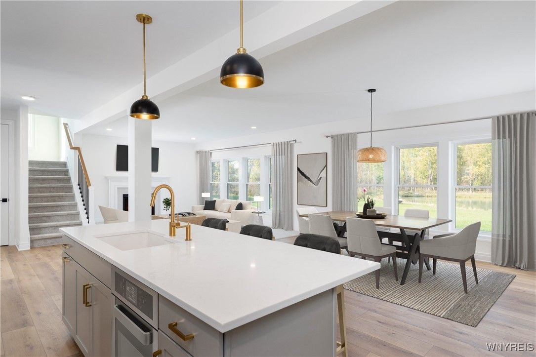 Dining room, Fireplace, Interior, Kitchen, Living room, Pendant Lights, Recessed Lighting, Wood Texture Flooring