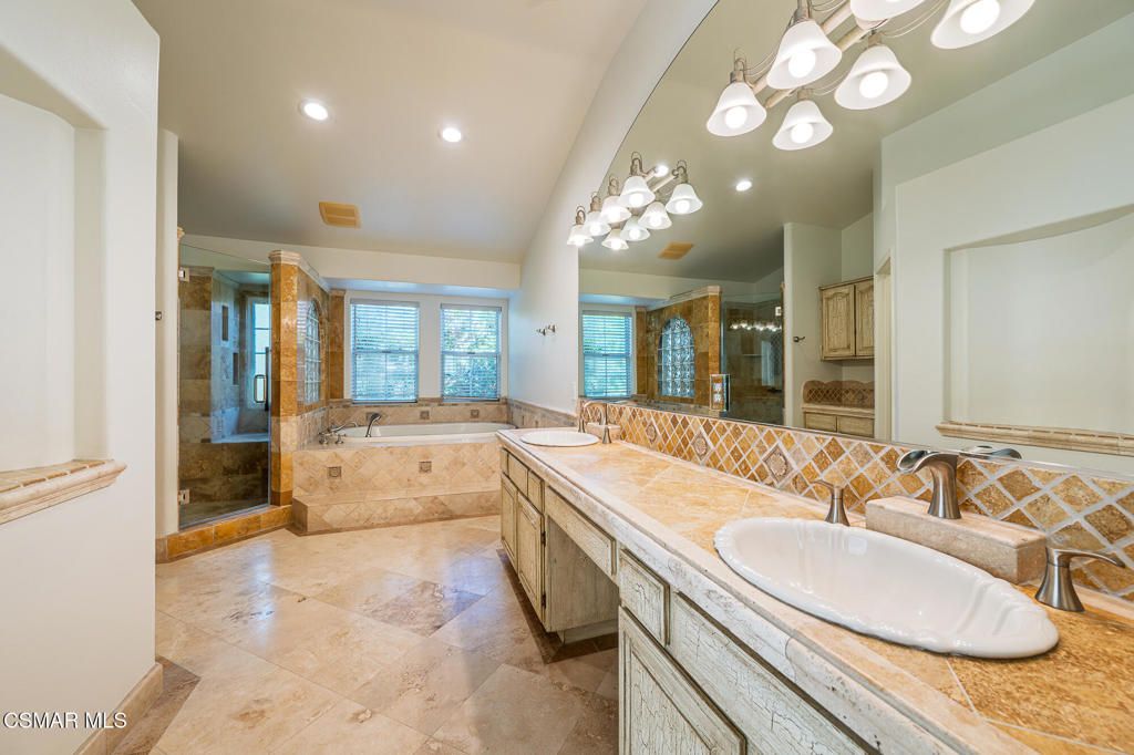 Bathroom, Dual Sink Vanities, Glass Shower, Interior, Recessed Lighting, Tile Countertops