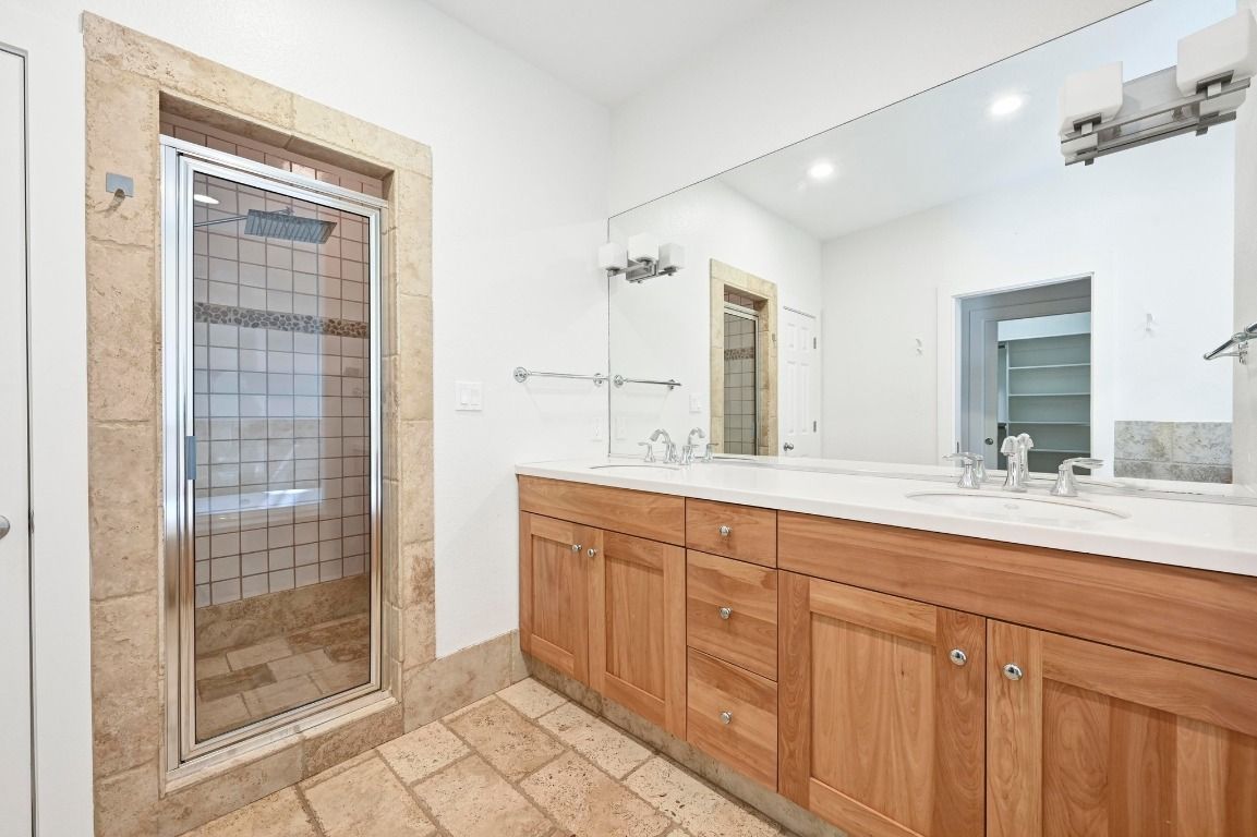 Bathroom, Dual Sink Vanities, Glass Shower, Interior, Recessed Lighting