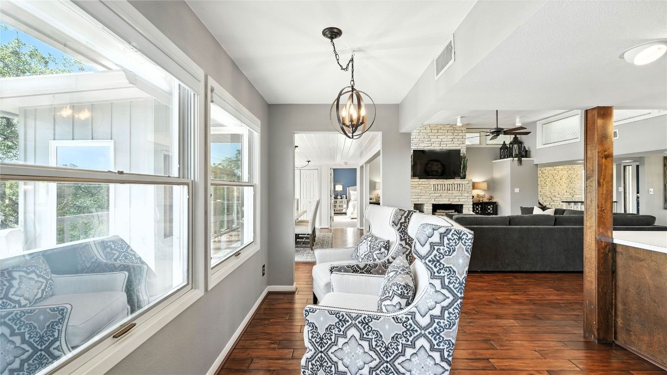 Fireplace, Interior, Living room, Pendant Lights, Wood Texture Flooring