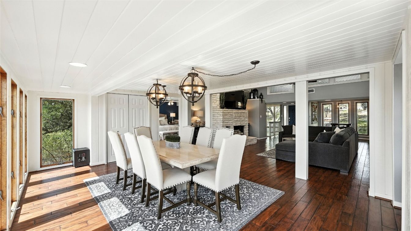 Chandelier, Dining room, Fireplace, Interior, Living room, Wood Texture Flooring
