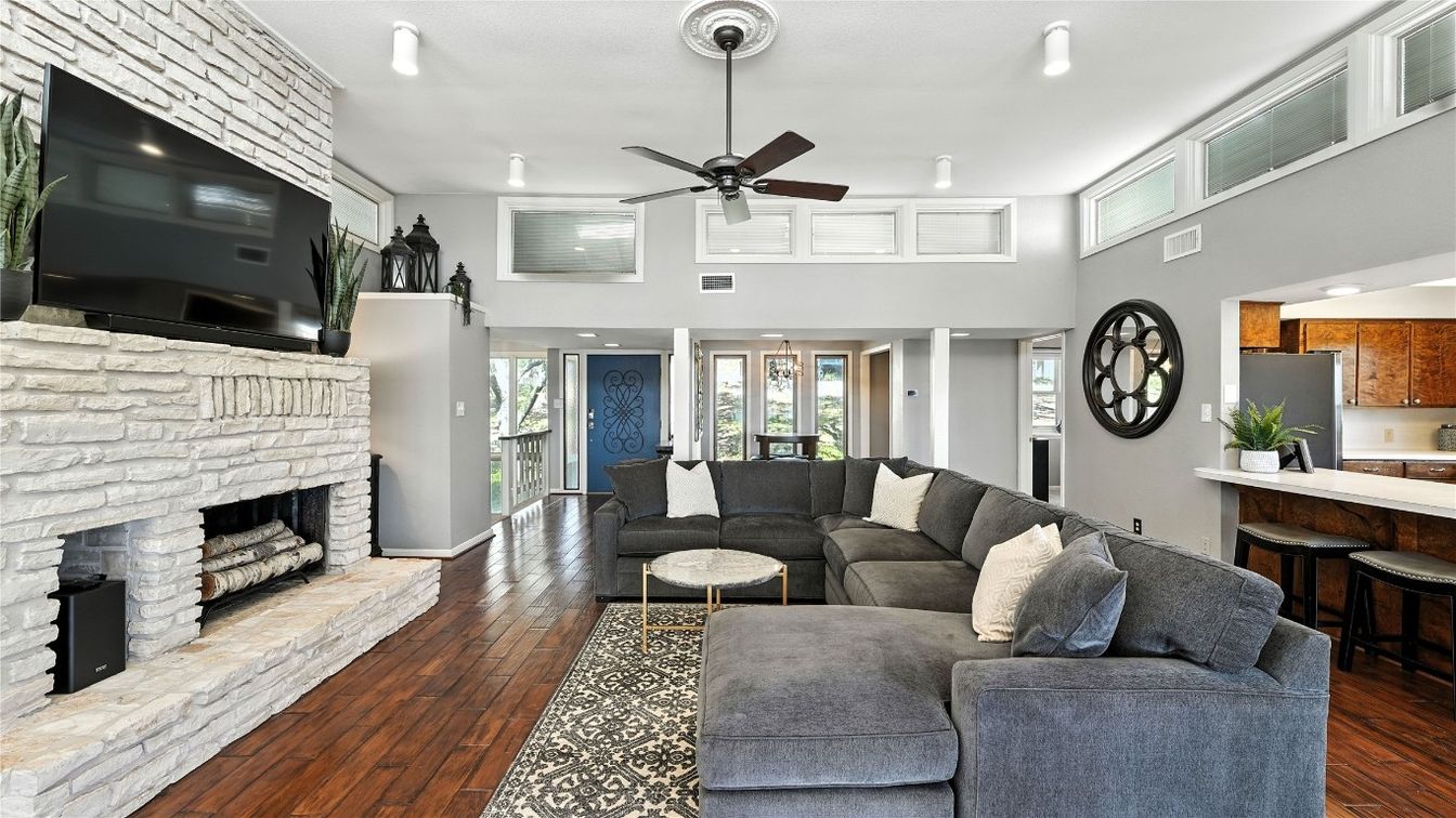 Fireplace, Interior, Kitchen, Living room, Recessed Lighting, Wood Texture Flooring