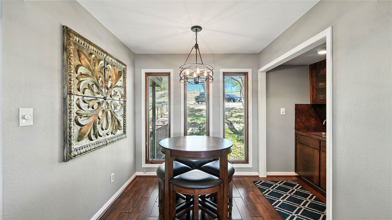 Dining room, Interior, Pendant Lights, Wood Texture Flooring