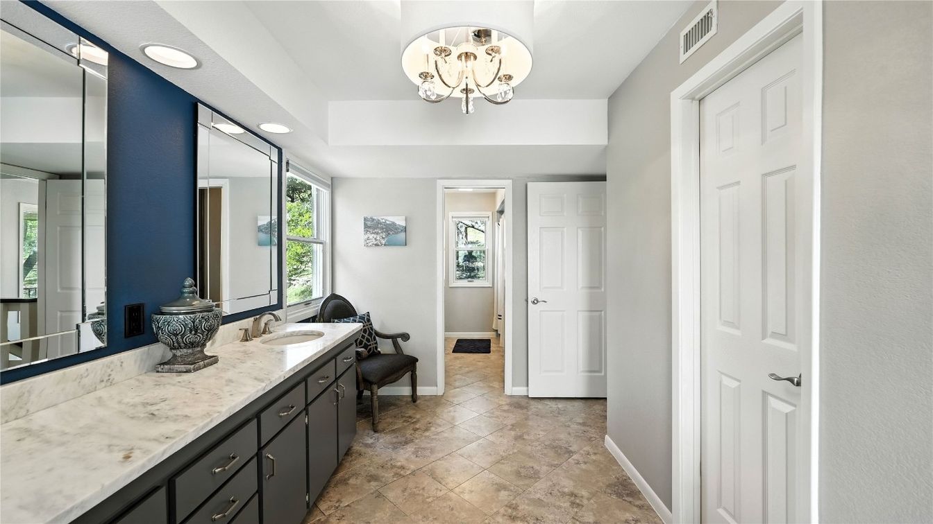 Bathroom, Chandelier, Dual Sink Vanities, Interior, Recessed Lighting