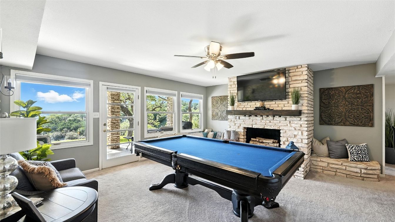 Billiard Table, Fireplace, Game Room, Interior, Stone Walls