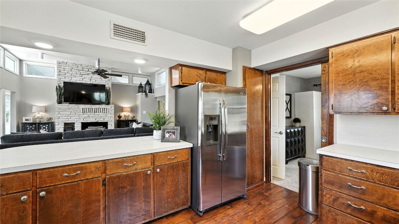 Fireplace, Interior, Kitchen, Living room, Stainless Steel Appliances, Wood Texture Flooring