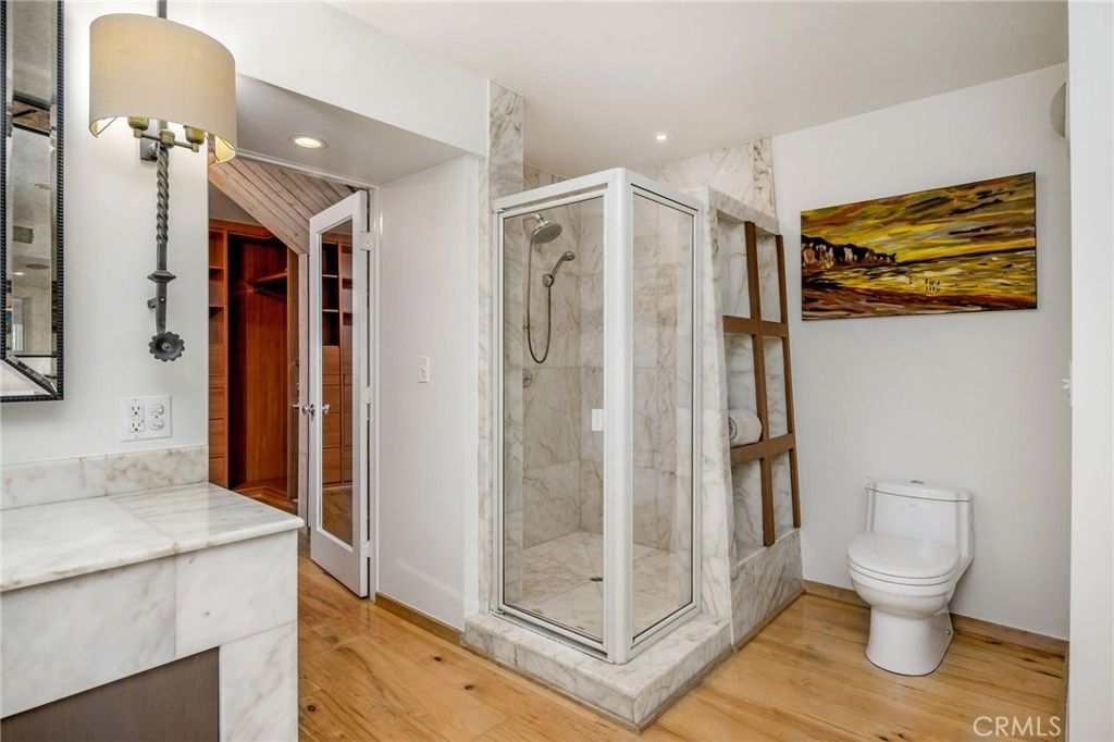 Bathroom, Glass Shower, Interior, Recessed Lighting, Wood Texture Flooring