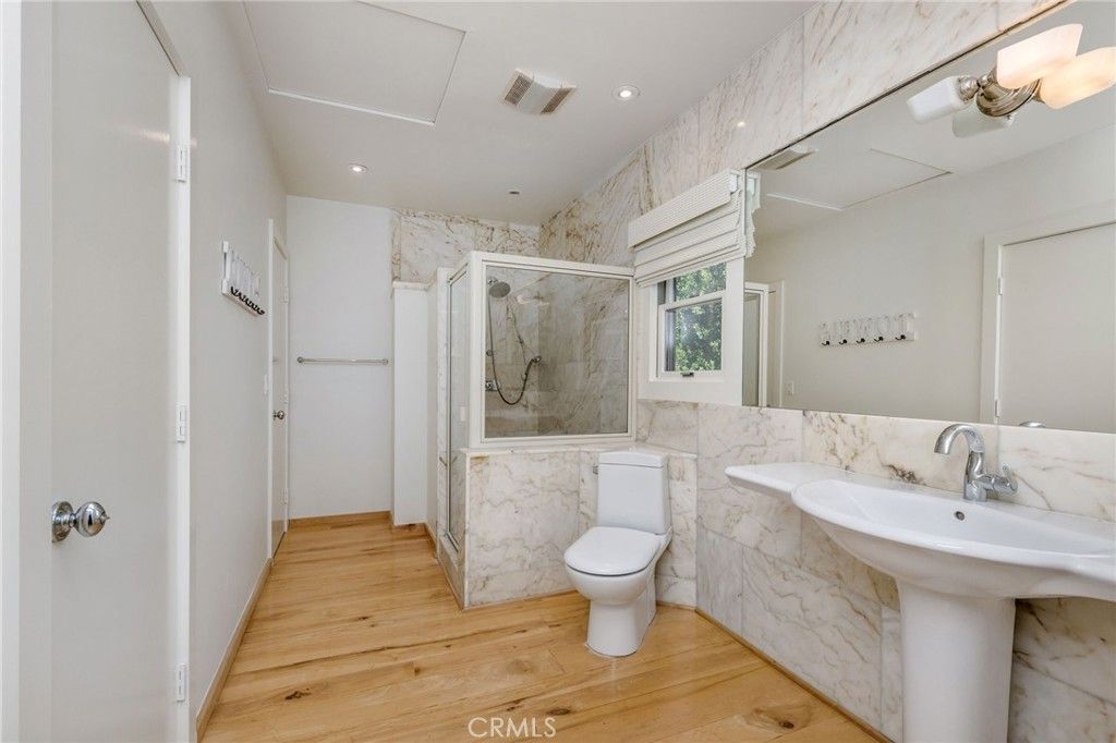 Bathroom, Interior, Marble Walls, Recessed Lighting, Wood Texture Flooring