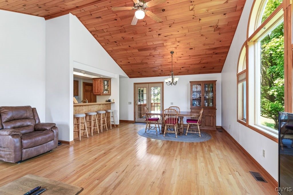 Chandelier, Dining room, Interior, Pendant Lights, Wooden Ceilings, Wood Texture Flooring