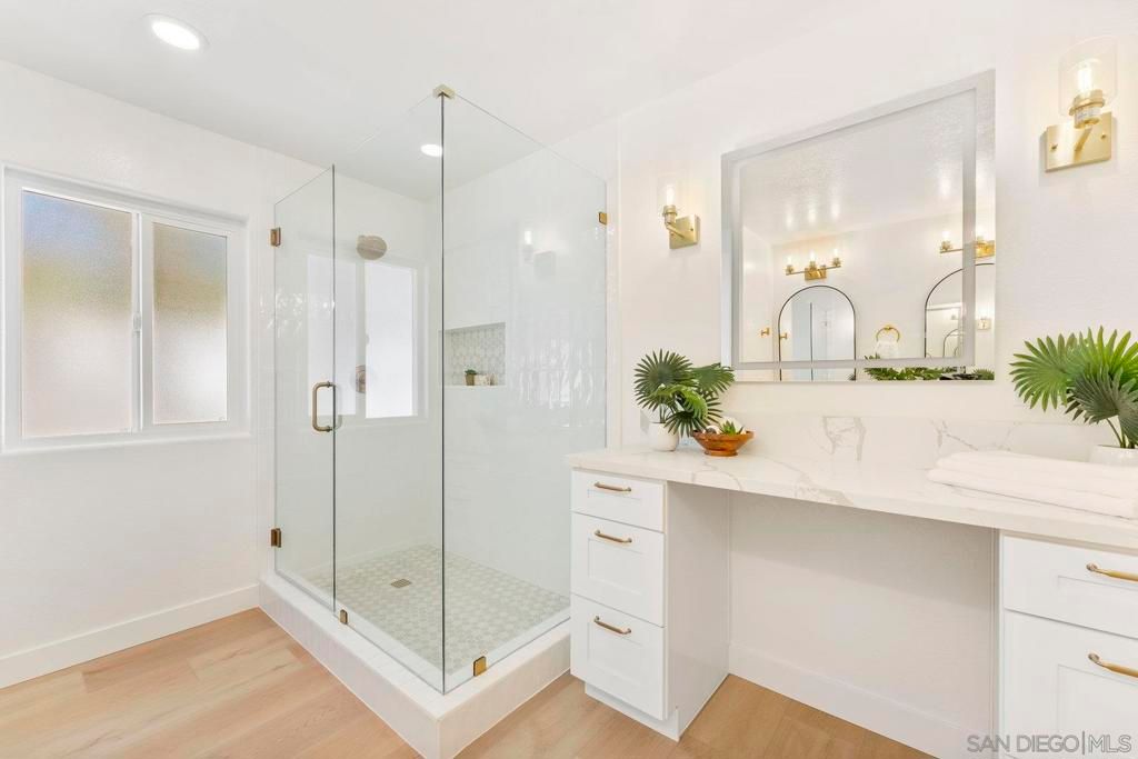 Bathroom, Glass Shower, Interior, Recessed Lighting, Wood Texture Flooring