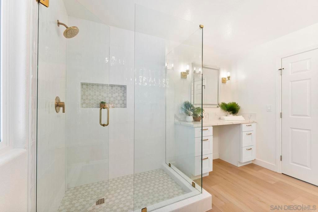 Bathroom, Glass Shower, Interior, Wood Texture Flooring