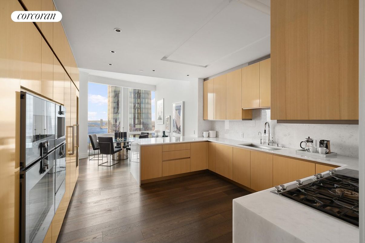 Dining room, Interior, Kitchen, Recessed Lighting, Water, Wood Texture Flooring
