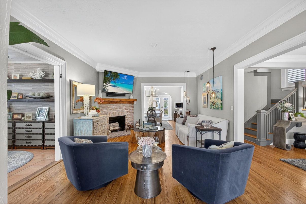 Fireplace, Interior, Living room, Pendant Lights, Wood Texture Flooring