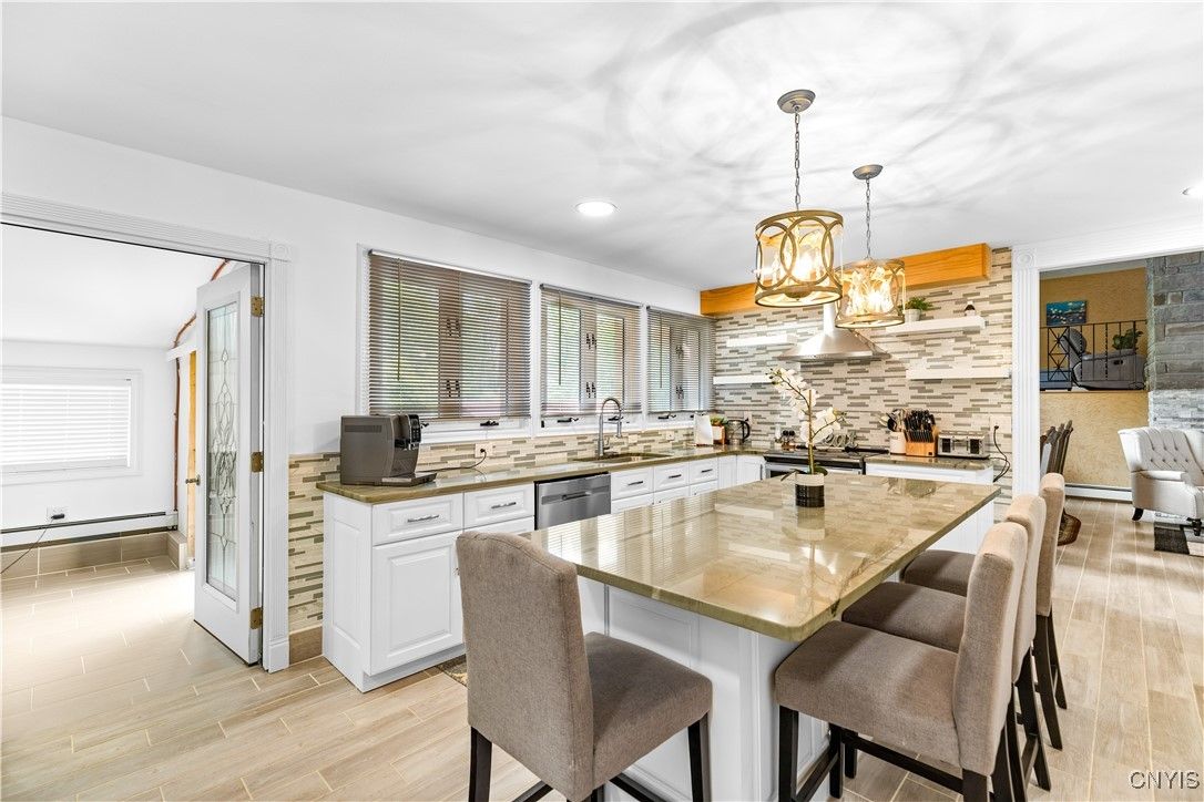 Chandelier, Interior, Kitchen, Pendant Lights, Recessed Lighting, Wood Texture Flooring