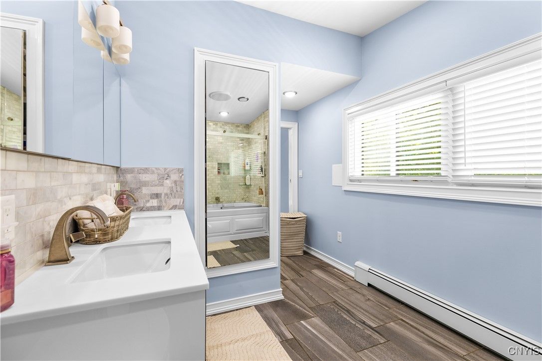 Bathroom, Glass Shower, Interior, Recessed Lighting, Wood Texture Flooring