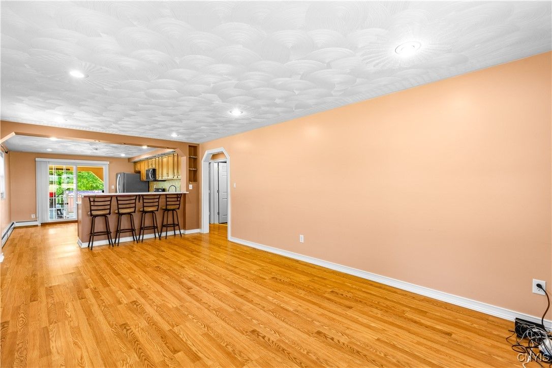 Empty room, Interior, Kitchen, Recessed Lighting, Wood Texture Flooring