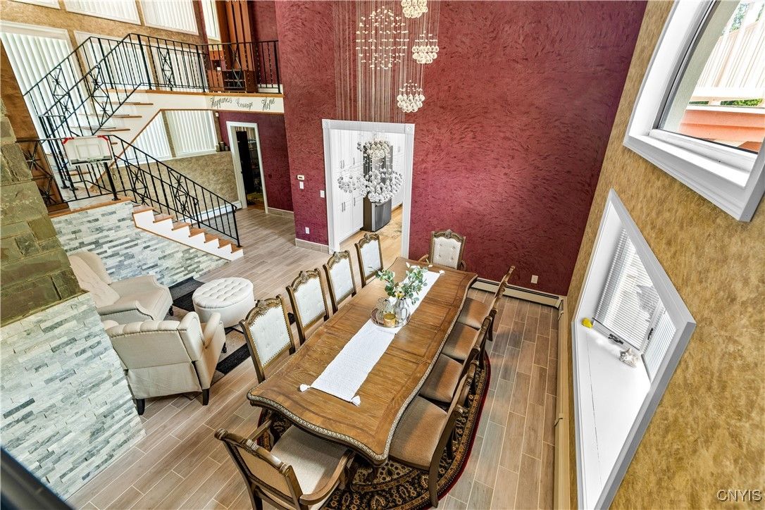 Dining room, Interior, Living room, Pendant Lights, Wood Texture Flooring