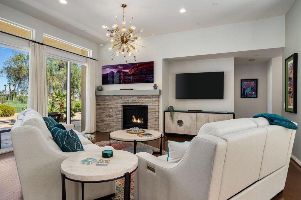 Fireplace, Interior, Living room, Pendant Lights, Recessed Lighting, Wood Texture Flooring