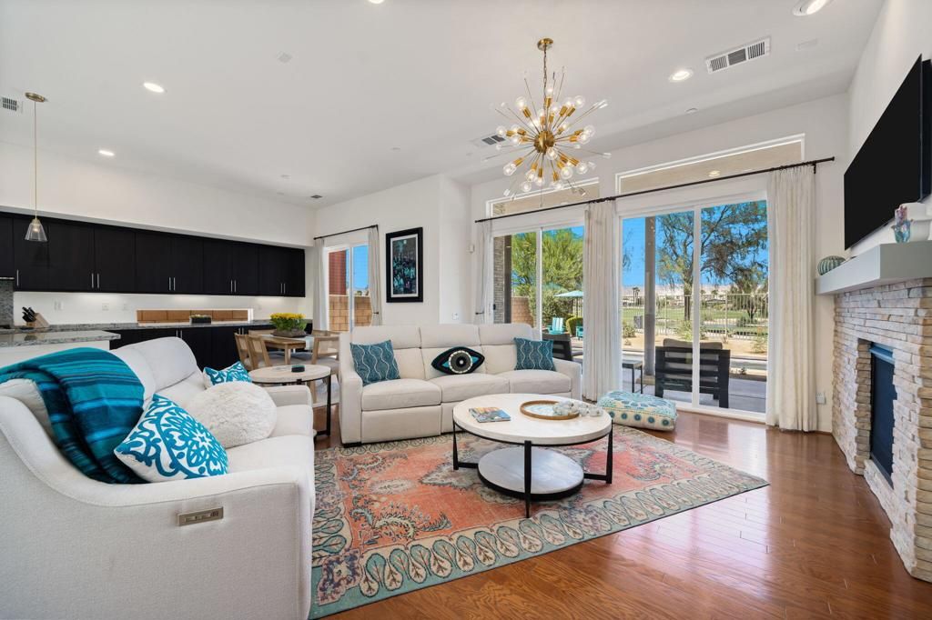 Dining room, Fireplace, Interior, Kitchen, Living room, Pendant Lights, Recessed Lighting, Wood Texture Flooring
